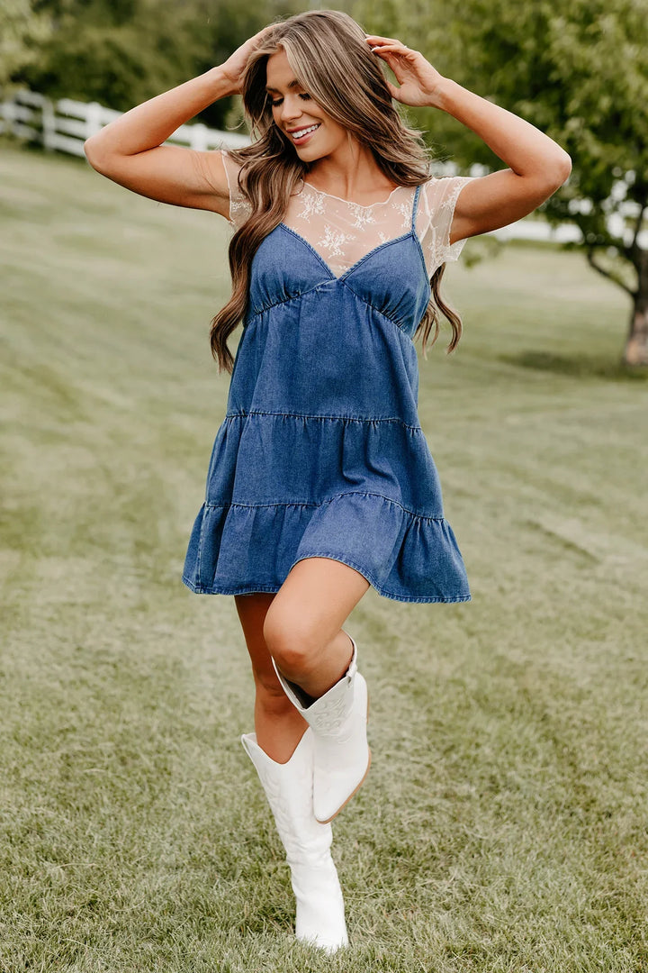 Tiered Denim Mini Dress With Lace Top And Western Boots