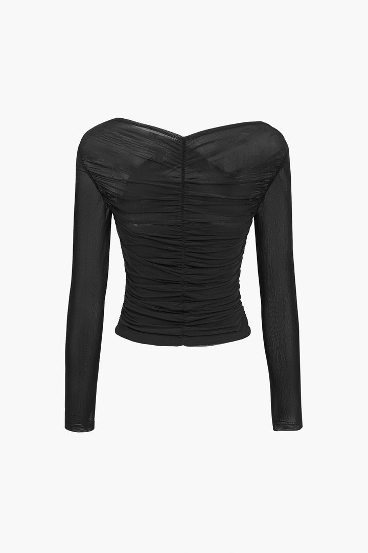 Astra Women Ruched Mesh Long Sleeve Top For Everyday