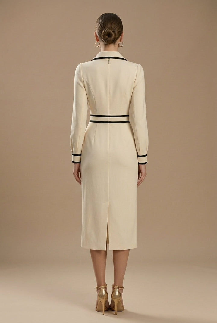 Women's Midi Dress With Collared V Neck And Contrast Trim Long Sleeve