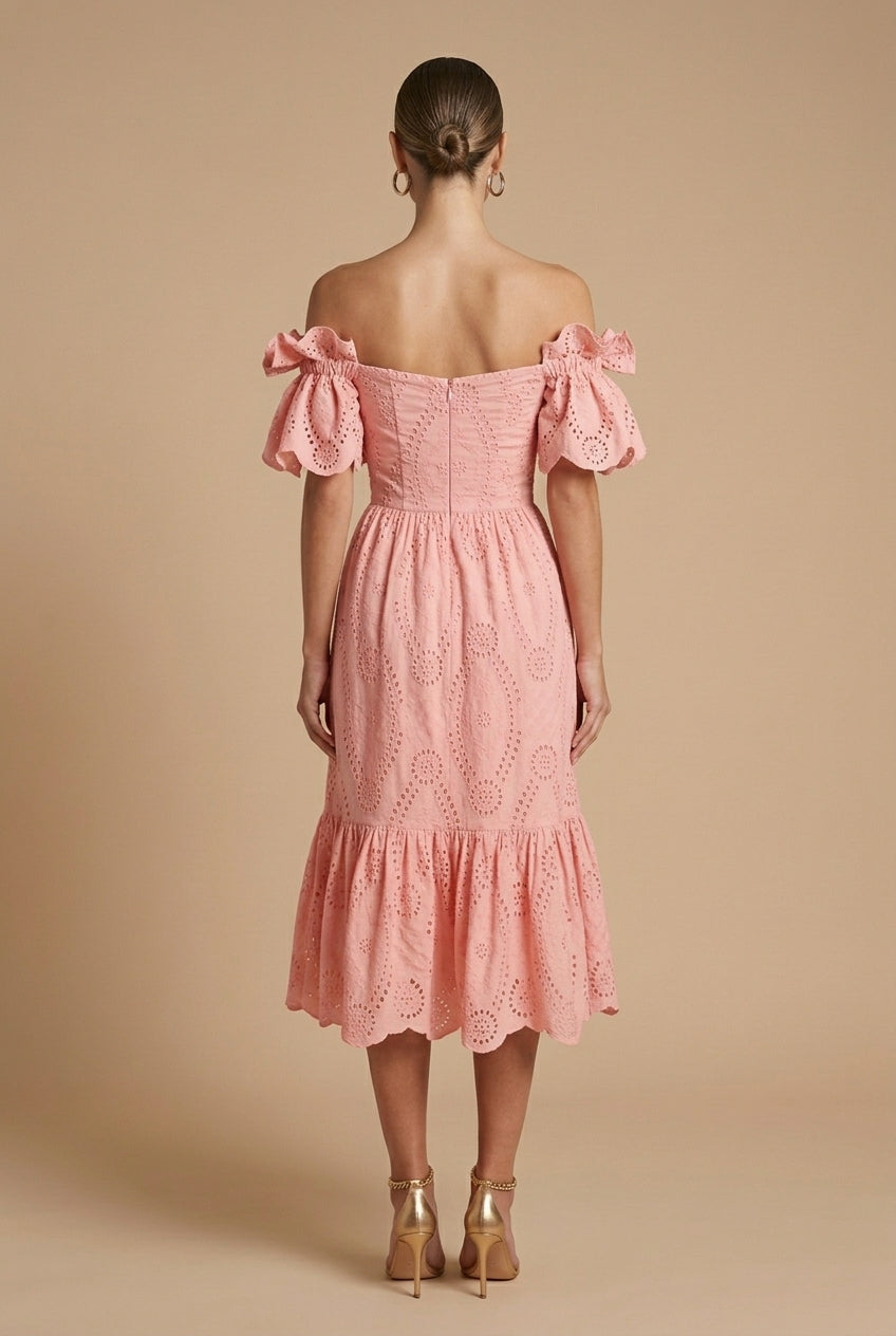 Women's Eyelet Midi Dress Off Shoulder Style For Wedding Guests And Occasions