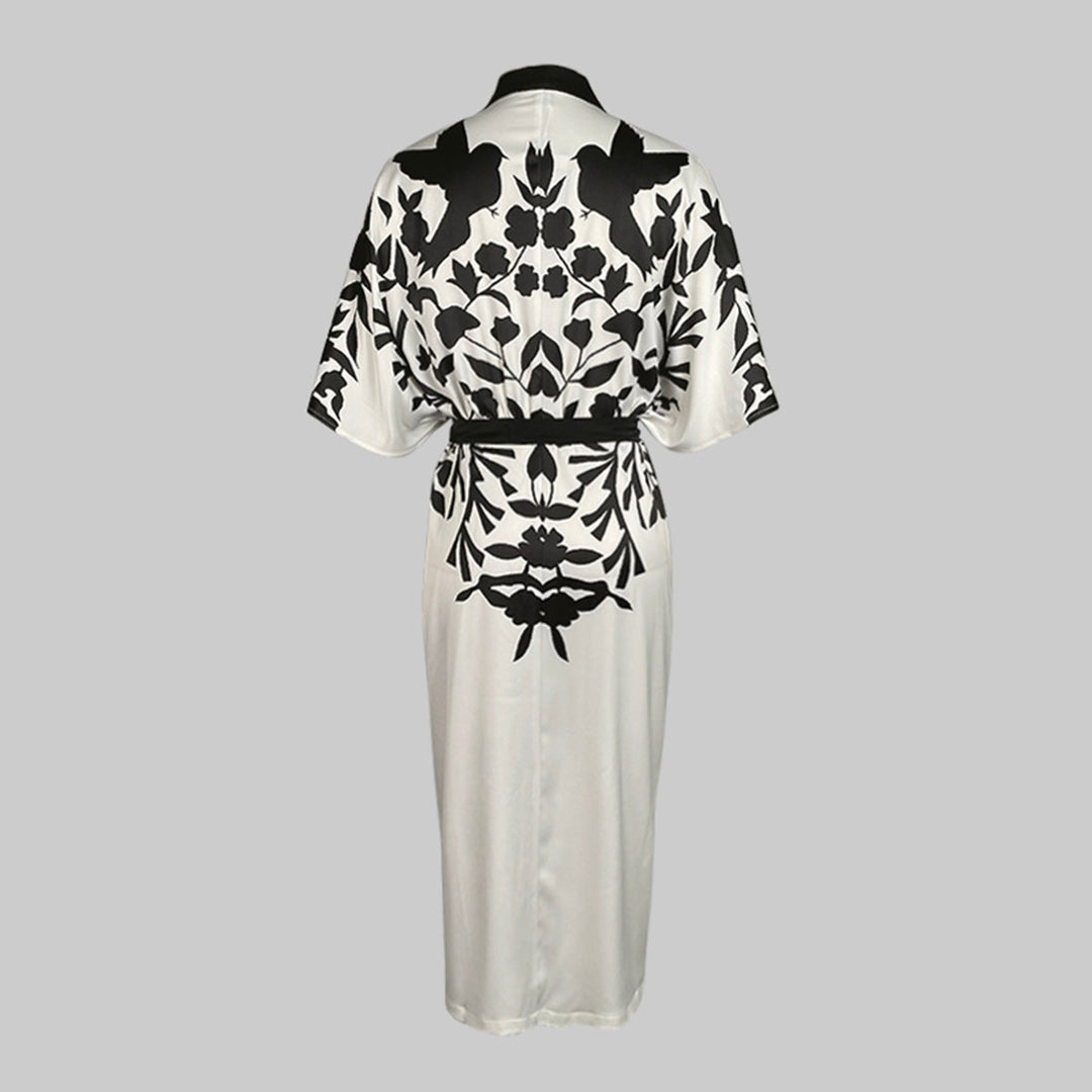 Women's Floral Print Belted Midi Dress With Deep V-Neck And Batwing Sleeves Button-Front