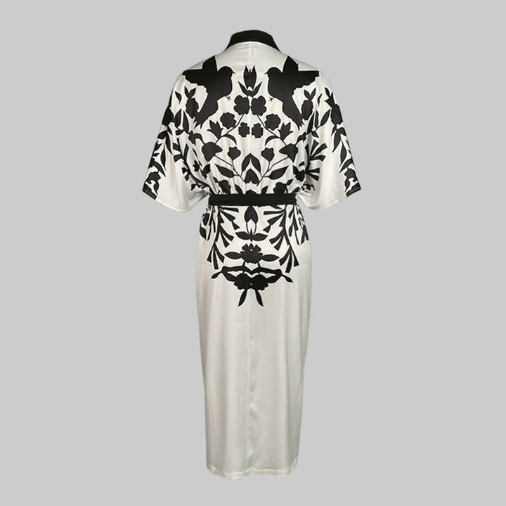 Women's Floral Print Belted Midi Dress With Deep V-Neck And Batwing Sleeves Button-Front