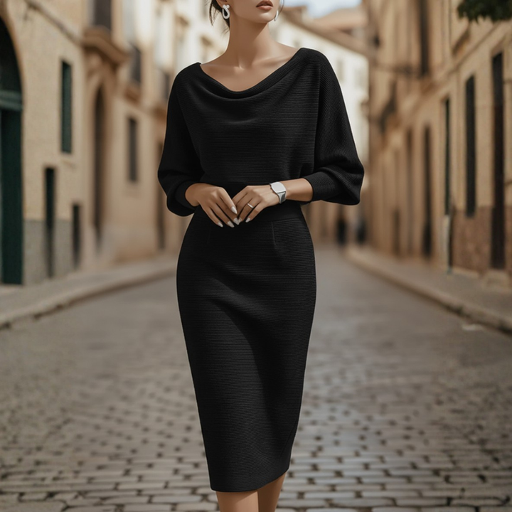 Women's Cowl Neck Midi Dress With Batwing Sleeves And Pencil Skirt Ensemble