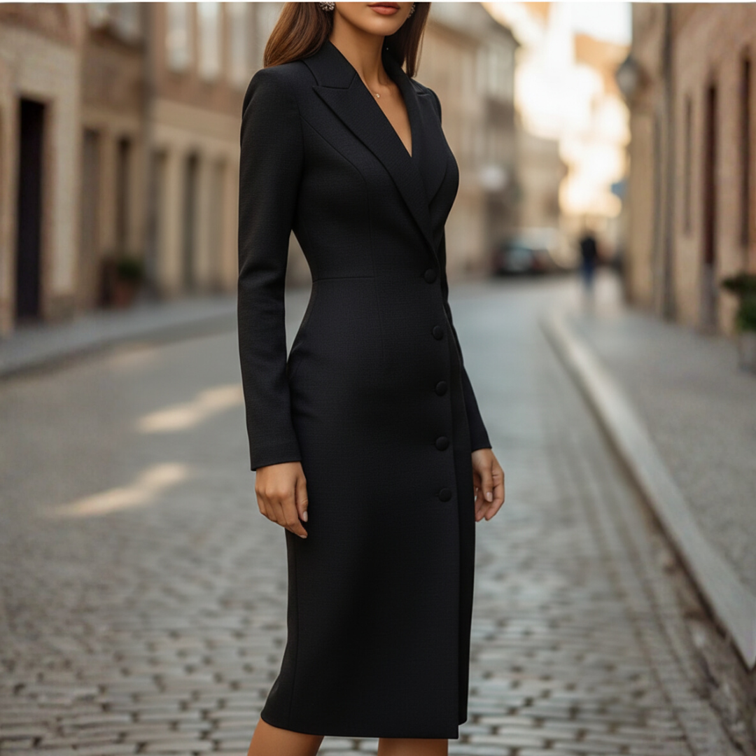 Women's Blazer Dress With Double-Breasted Midi Style And Elegant Long Sleeve