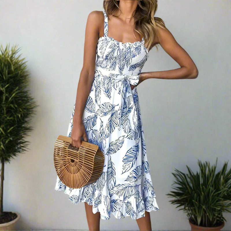 Women's Sleeveless Midi Dress With Leaf Print, Ruffle Neckline And Tie Waist