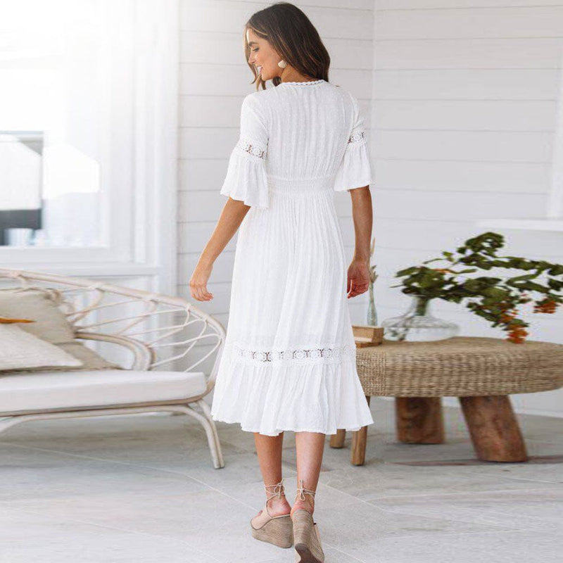 White V Neck Midi Dress With Lace Trim, Flutter Sleeves And Elastic Waist