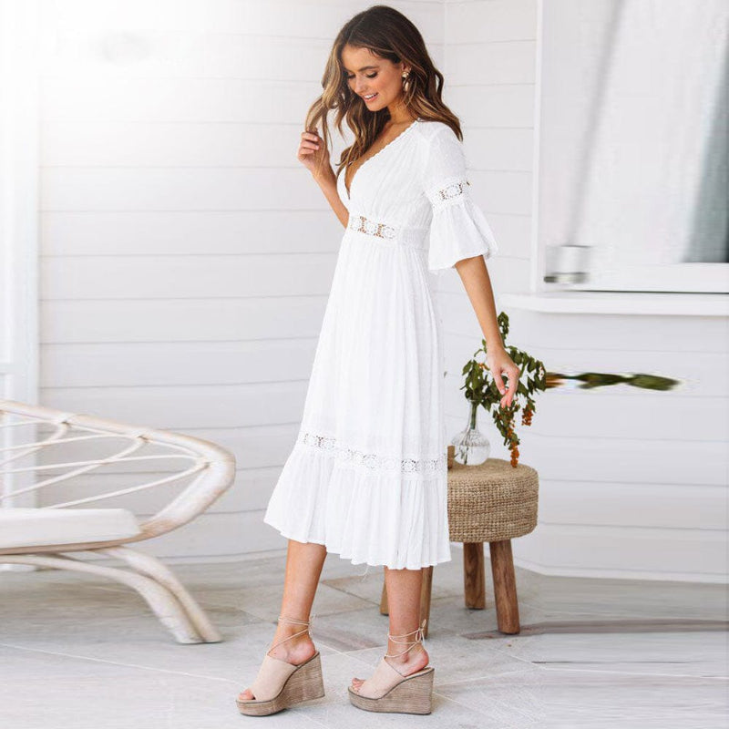 White V Neck Midi Dress With Lace Trim, Flutter Sleeves And Elastic Waist