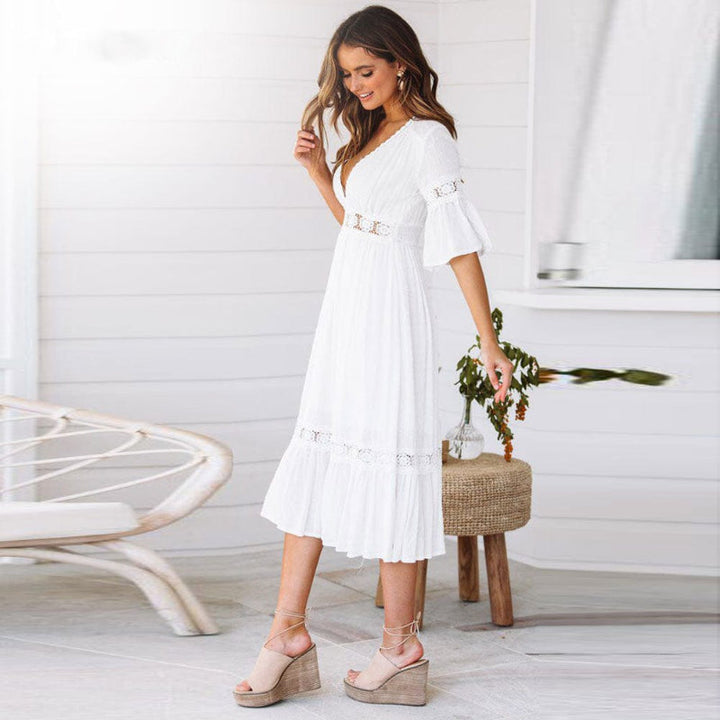 White V Neck Midi Dress With Lace Trim, Flutter Sleeves And Elastic Waist