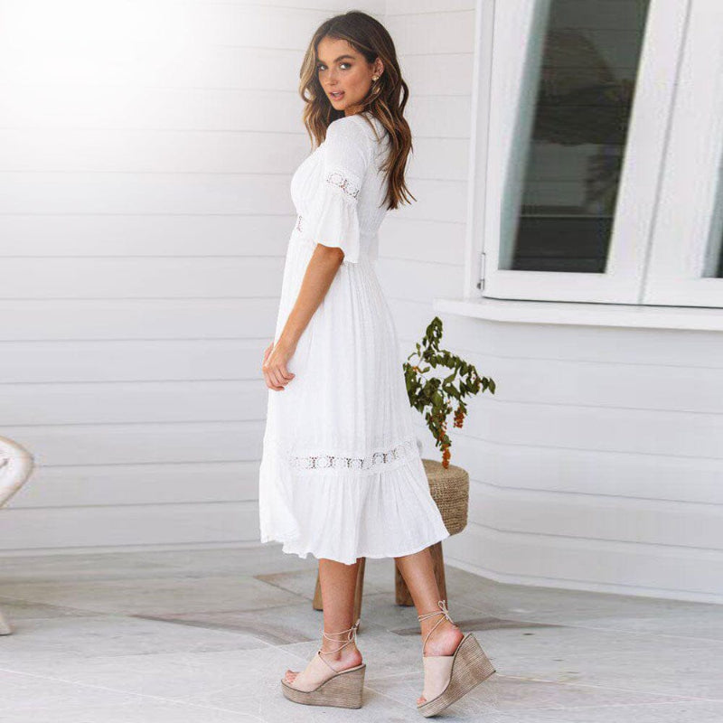 White V Neck Midi Dress With Lace Trim, Flutter Sleeves And Elastic Waist