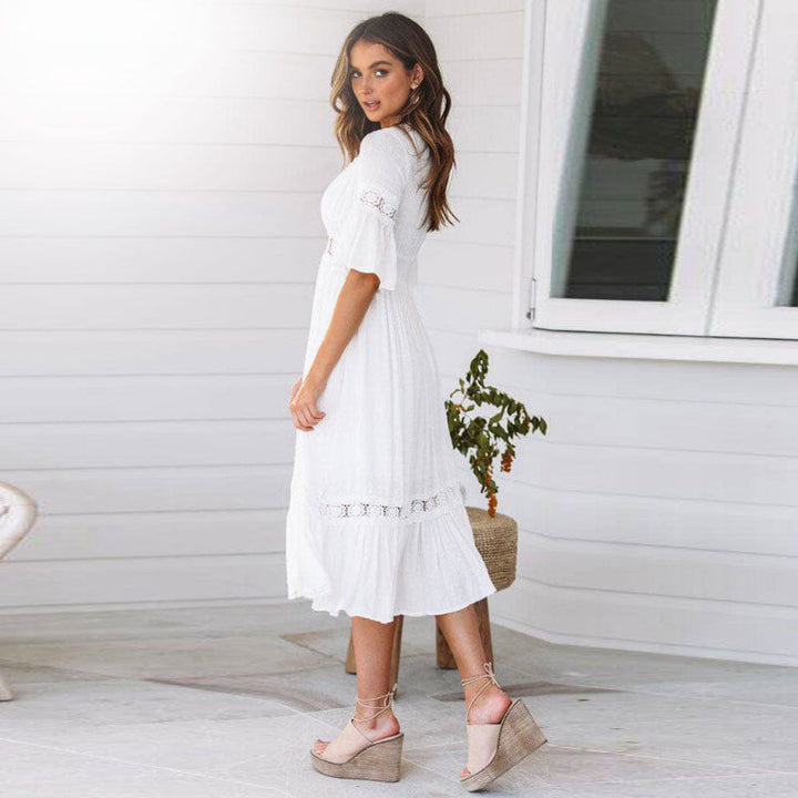 White V Neck Midi Dress With Lace Trim, Flutter Sleeves And Elastic Waist