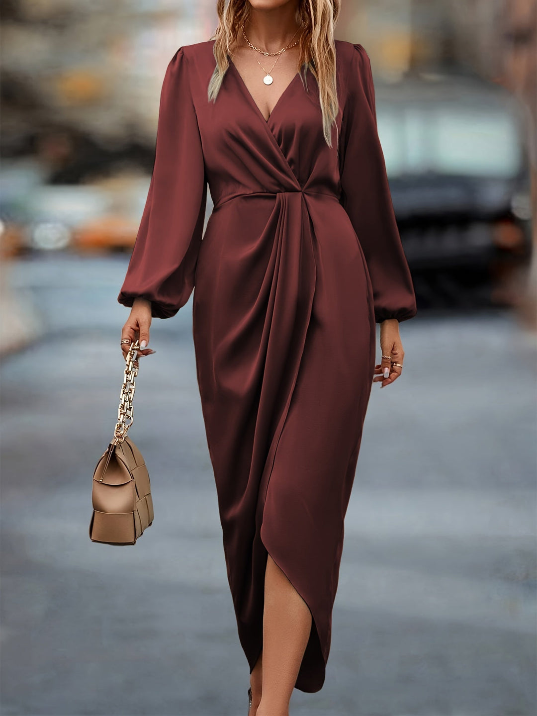 Lyra Women’s Long Sleeve Wrap Midi Dress For Women