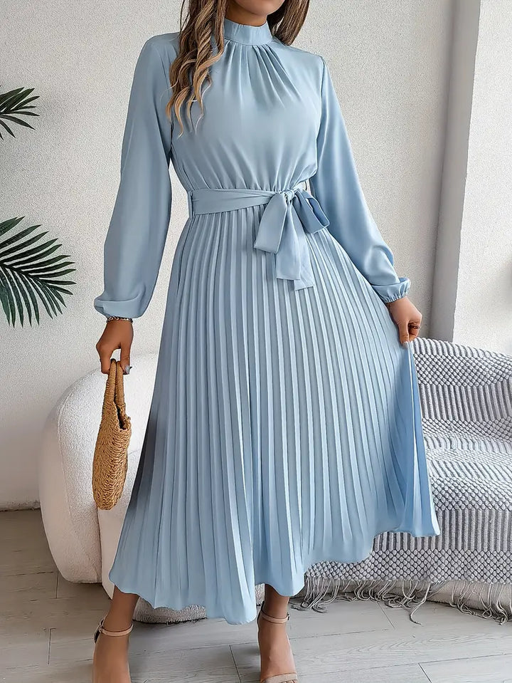 Aurora Elegant Women’s Long Sleeve Pleated Belted Dress