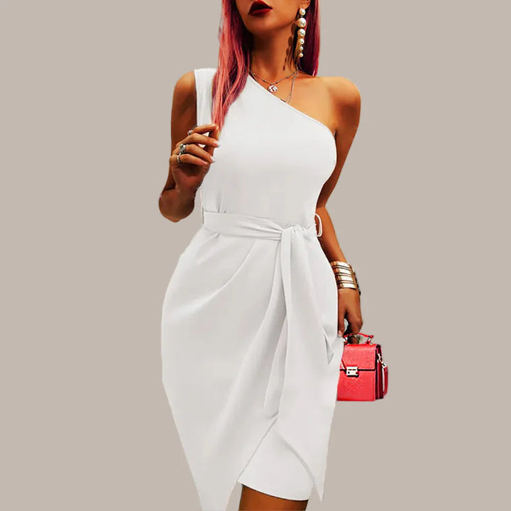 Women's One-Shoulder Midi Evening Dress With Asymmetric Fit And Waist Detailing