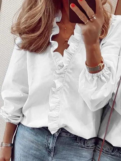 Astra Women Ruffle Detail V Neck Blouse From Mira Atelier