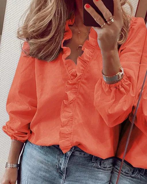 Astra Women Ruffle Detail V Neck Blouse From Mira Atelier