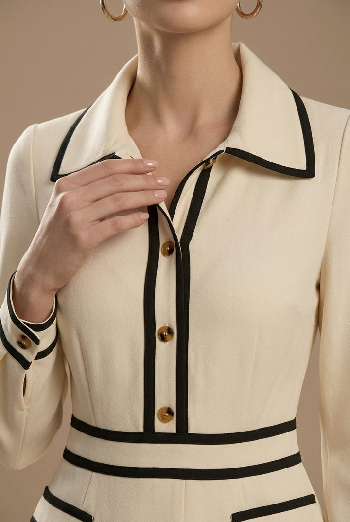 Women's Midi Dress With Collared V Neck And Contrast Trim Long Sleeve