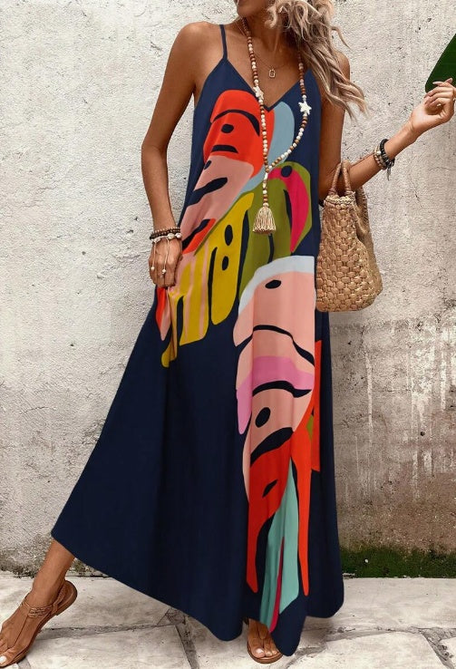 AuroraLeaf Women's Vibrant Leaf Print Maxi Dress For Summer Outings Everyday