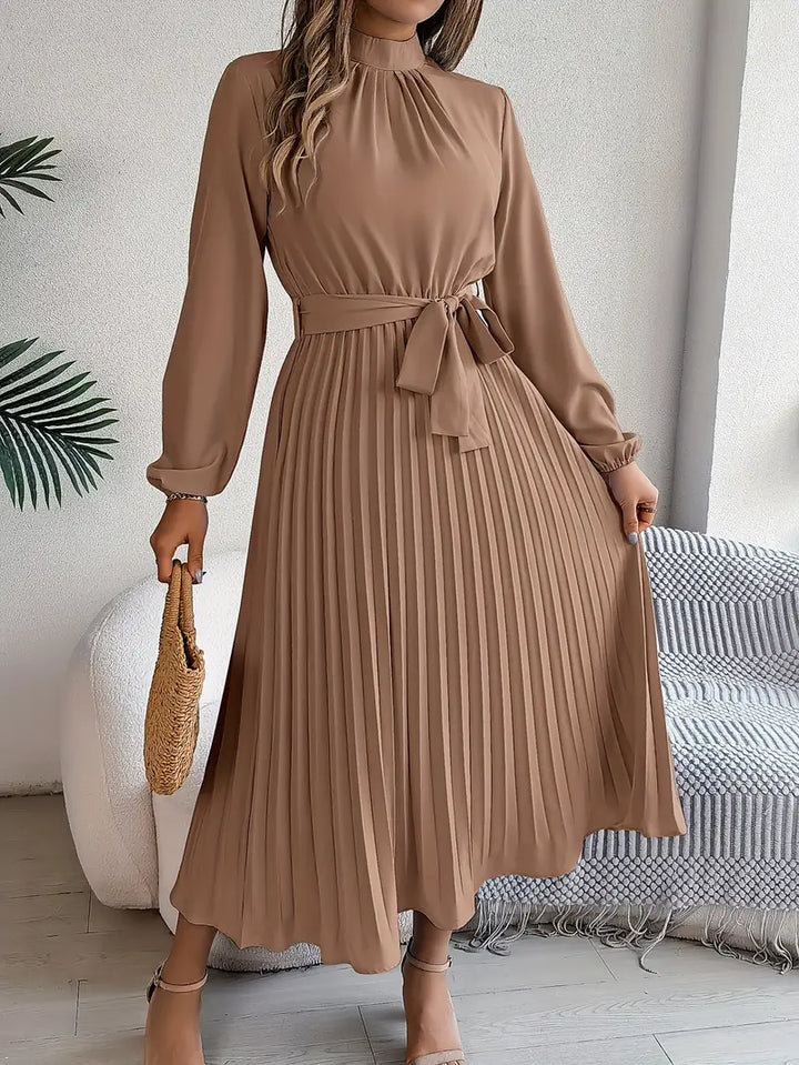 Aurora Elegant Women’s Long Sleeve Pleated Belted Dress