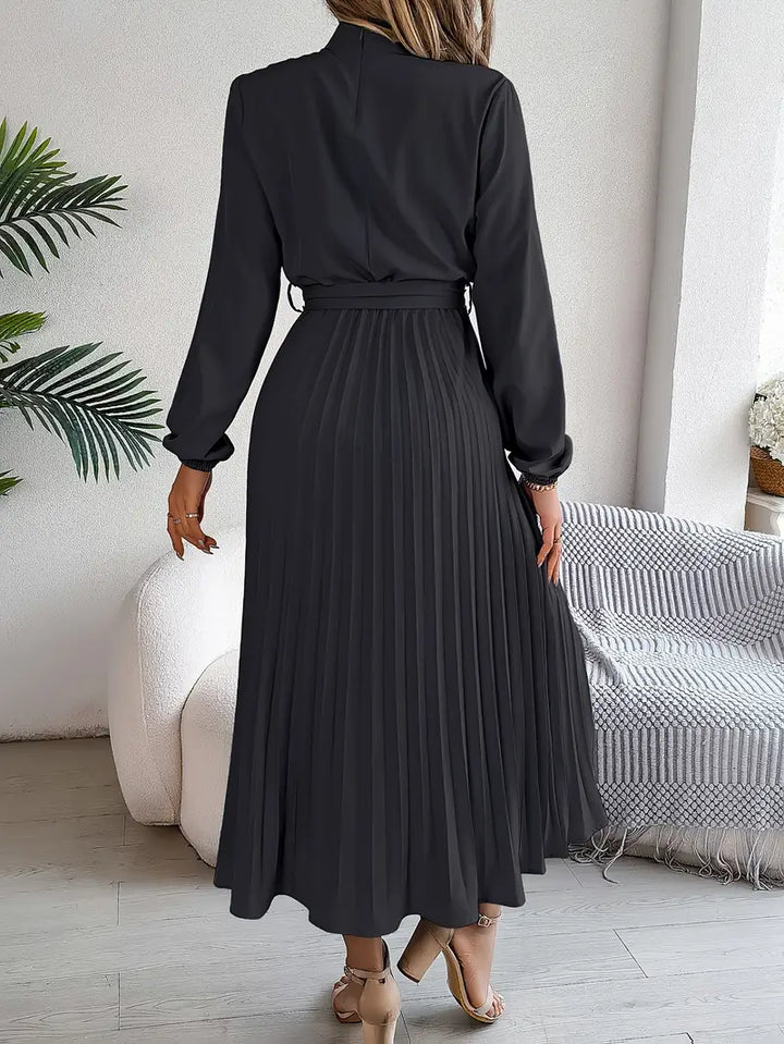 Aurora Elegant Women’s Long Sleeve Pleated Belted Dress