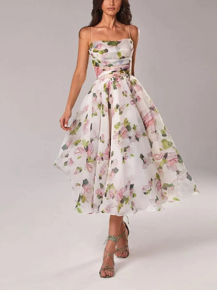 Elegant All Over Floral Print Strapless Midi Dress With Full Skirt For Women