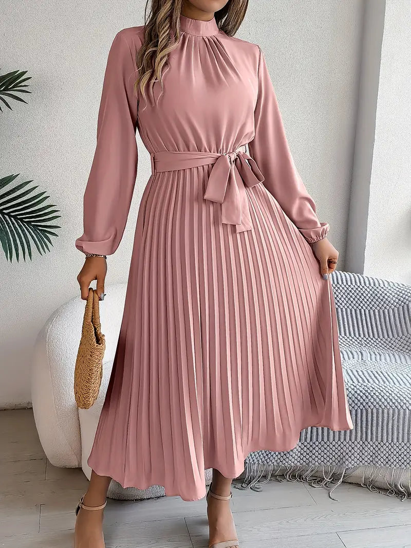 Aurora Elegant Women’s Long Sleeve Pleated Belted Dress