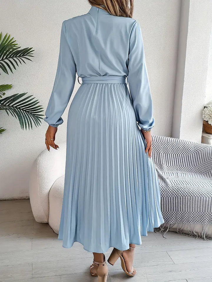 Aurora Elegant Women’s Long Sleeve Pleated Belted Dress