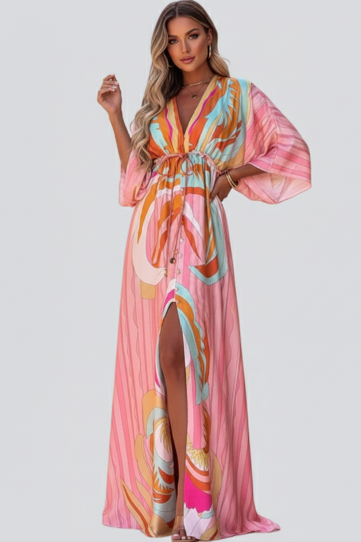 Nova Bloom Women's Printed V-Neck Belted Maxi Dress