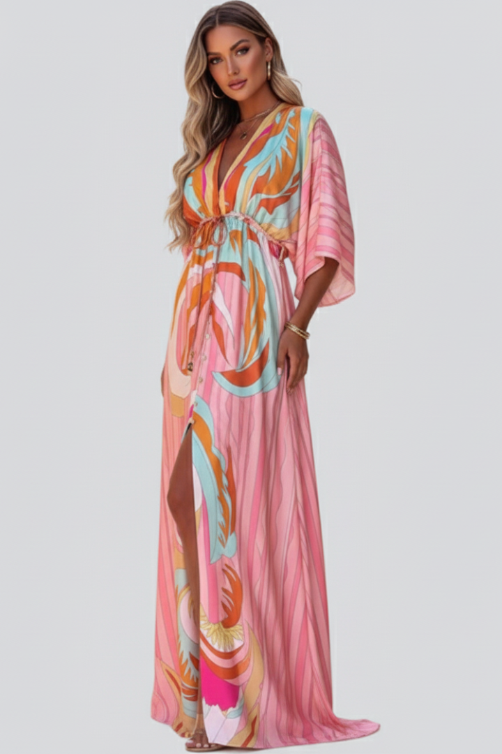 Nova Bloom Women's Printed V-Neck Belted Maxi Dress