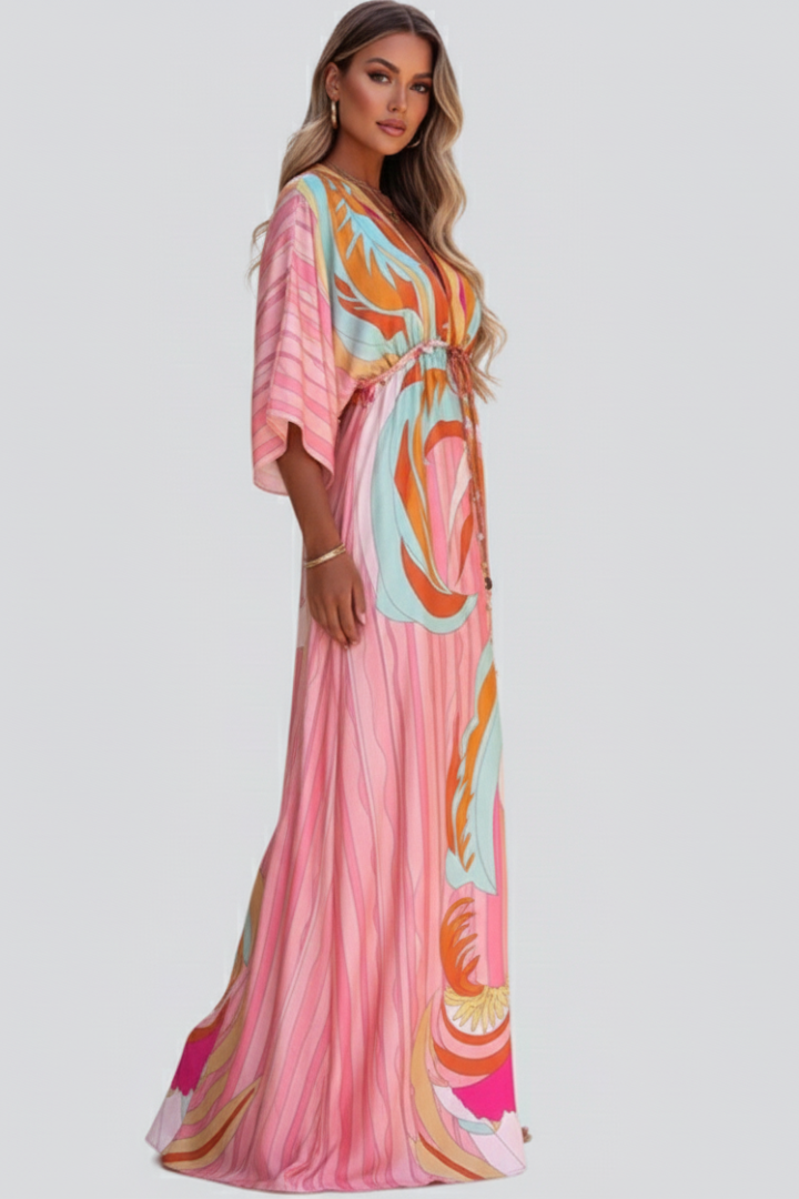 Nova Bloom Women's Printed V-Neck Belted Maxi Dress