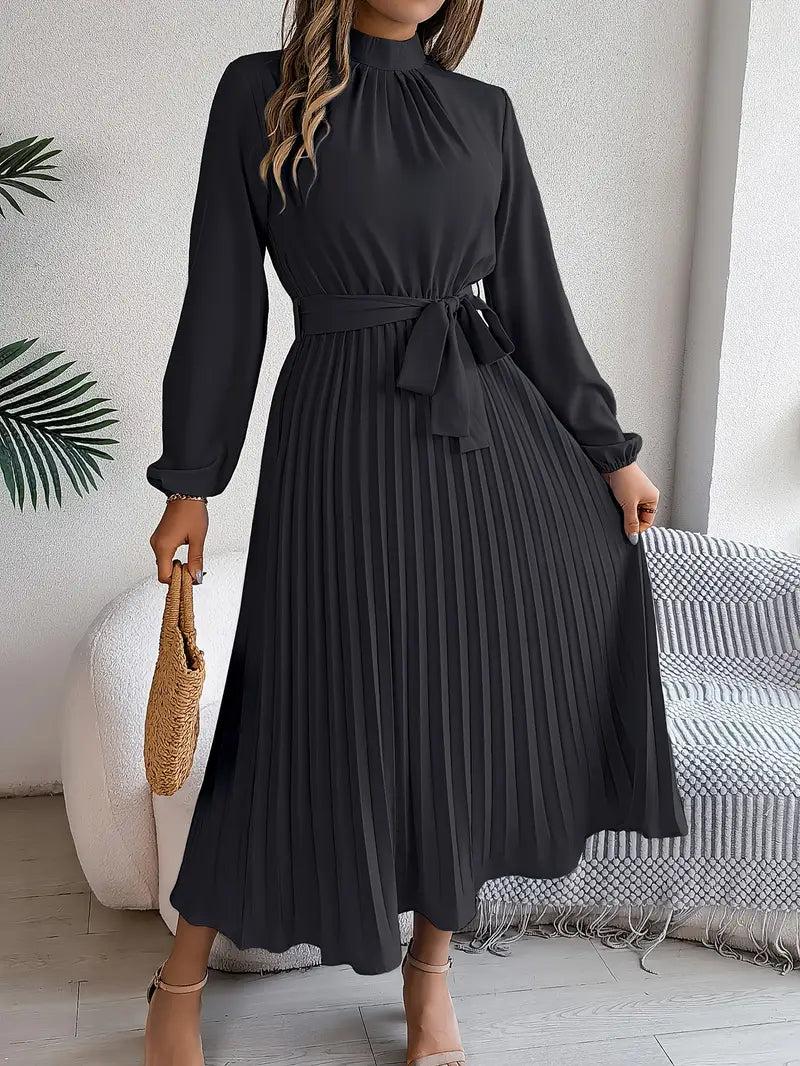 Aurora Elegant Women’s Long Sleeve Pleated Belted Dress