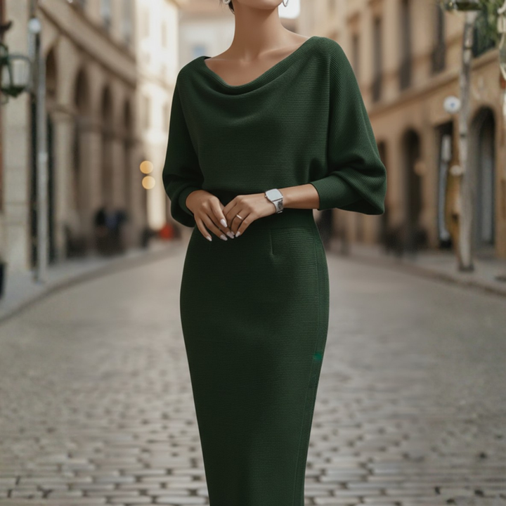 Women's Cowl Neck Midi Dress With Batwing Sleeves And Pencil Skirt Ensemble