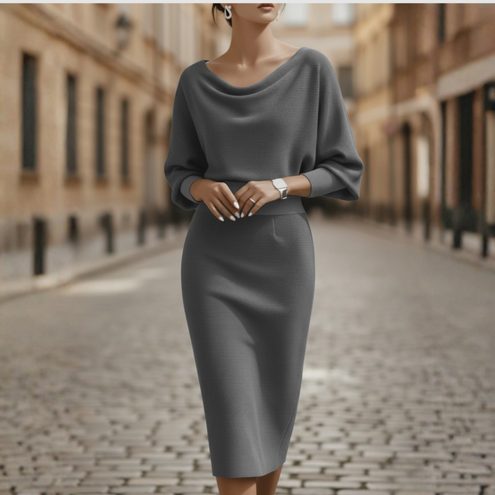 Women's Cowl Neck Midi Dress With Batwing Sleeves And Pencil Skirt Ensemble