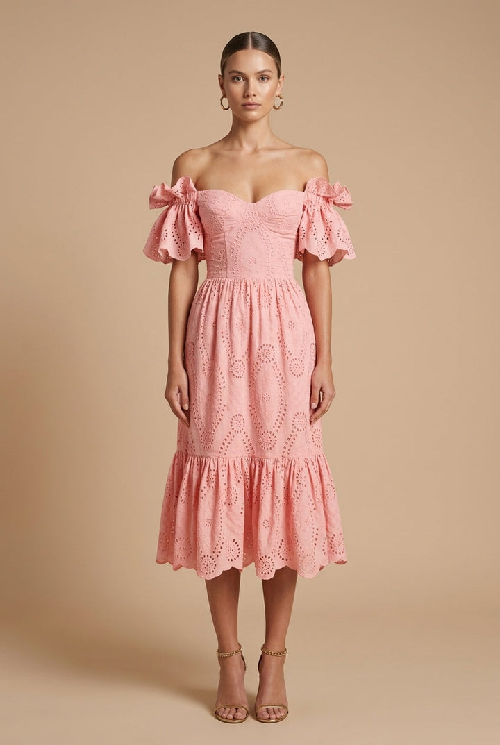Women's Eyelet Midi Dress Off Shoulder Style For Wedding Guests And Occasions