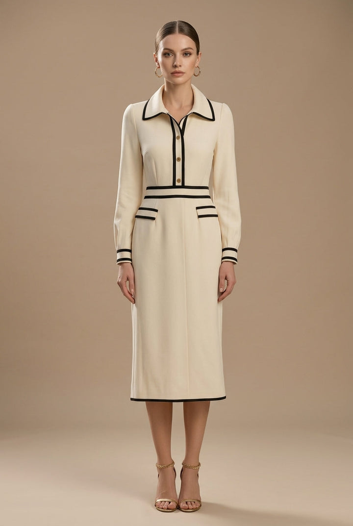 Women's Midi Dress With Collared V Neck And Contrast Trim Long Sleeve