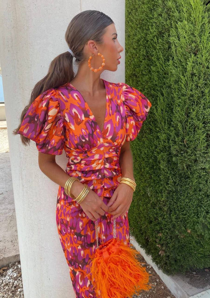 Aurora Vibrant Puff Sleeve Evening Dress For Women
