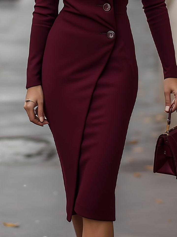 Women's Elegant V-Neck Bodycon Midi Dress With Long Sleeve Button Waist Detail