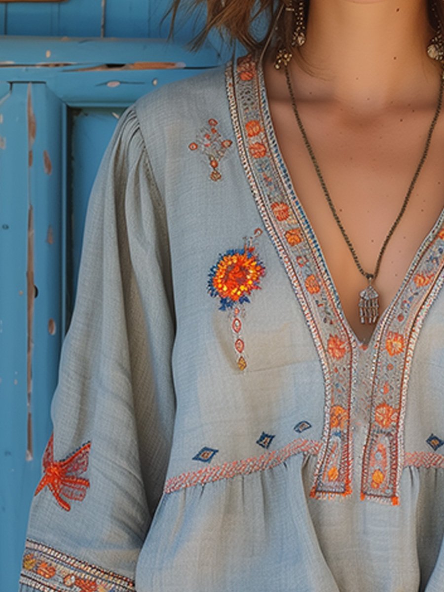 Luna Women Bohemian Embroidered V Neck Blouse Collection