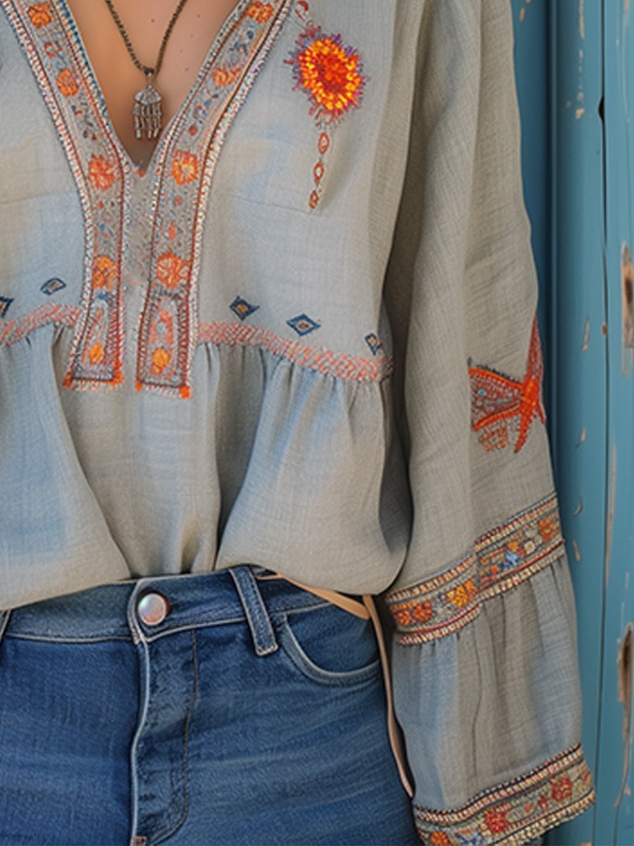 Aurora Bohemian Embroidered V-Neck Blouse For Women