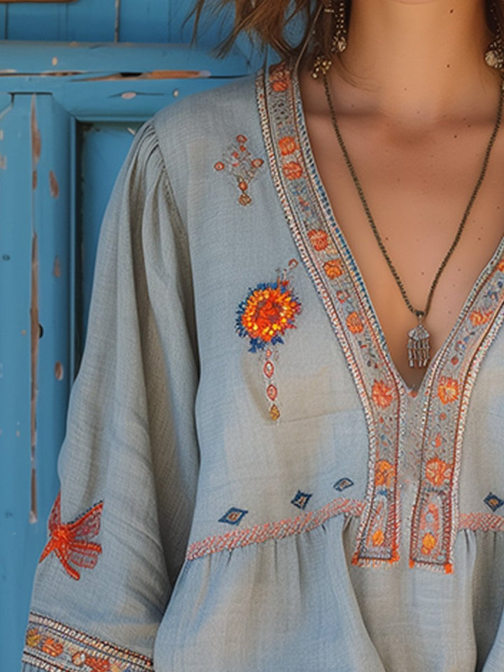 Aurora Bohemian Embroidered V-Neck Blouse For Women