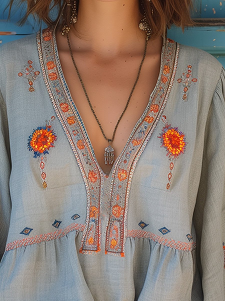Aurora Bohemian Embroidered V-Neck Blouse For Women