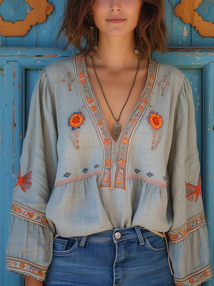 Meadow Bloom Women’s Summer Boho Embroidered Blouse