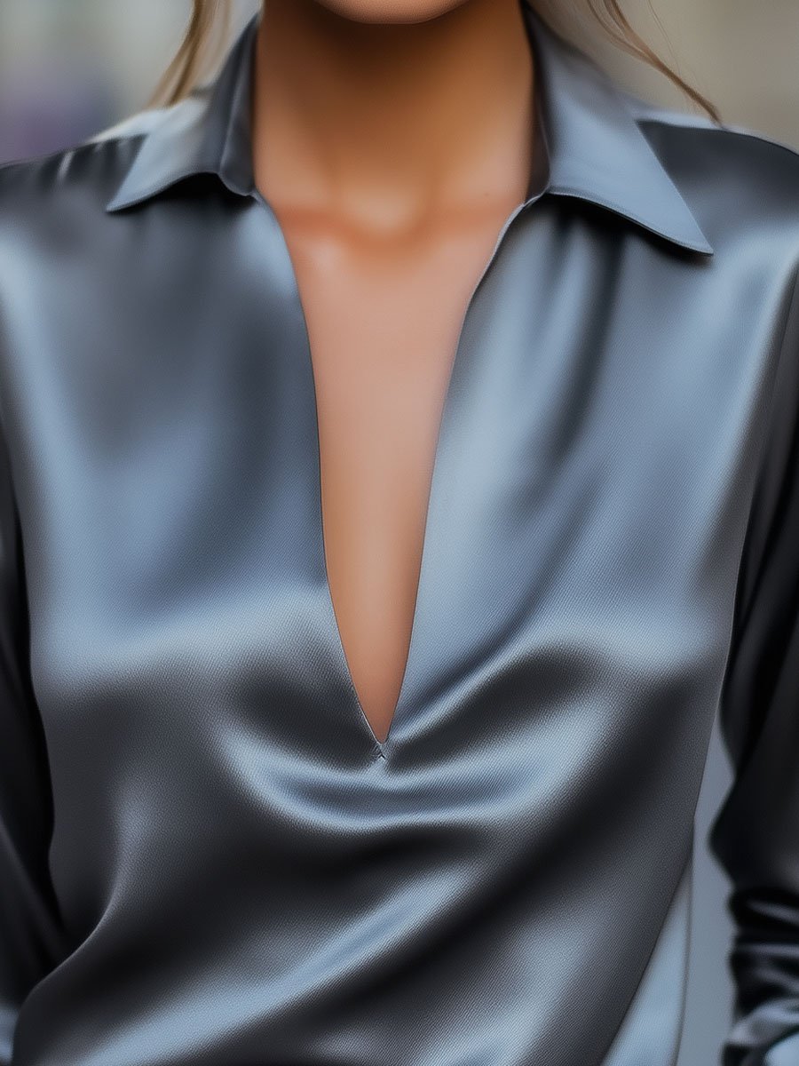 Lumenline Signature Spring V Neck Satin Blouse For Women