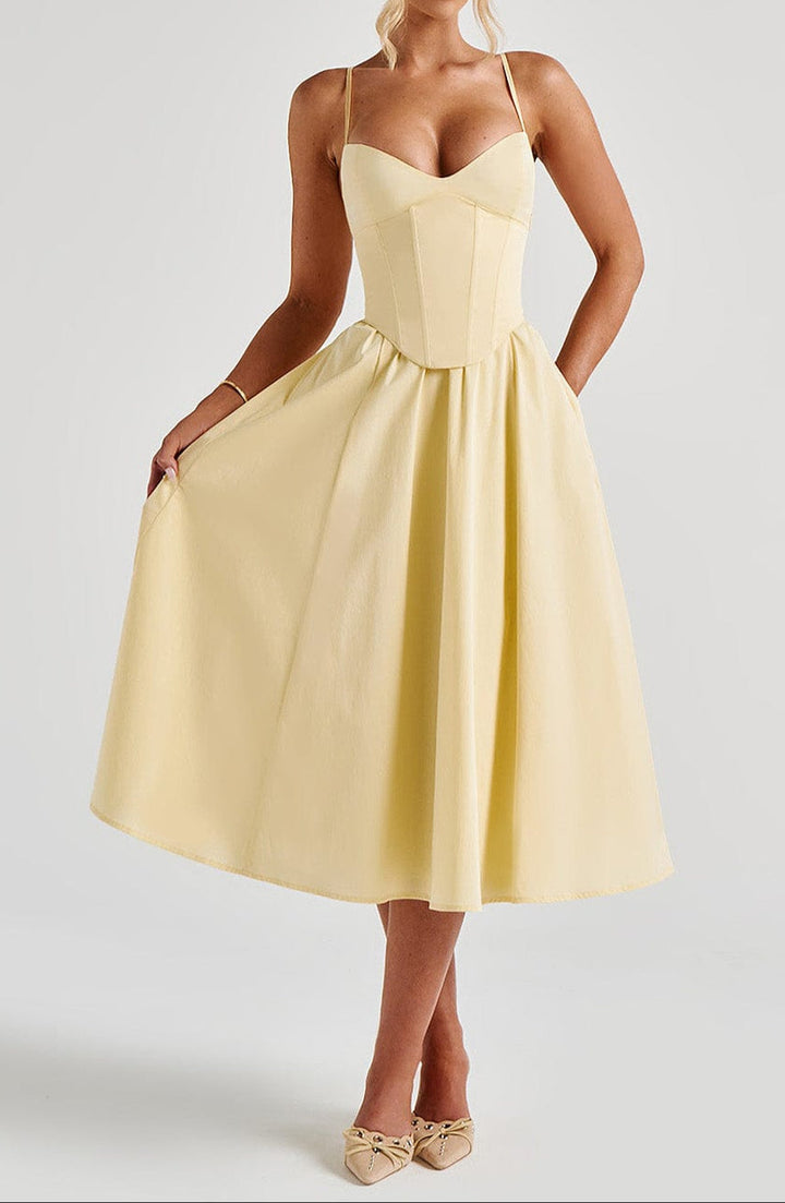 Yellow A-Line Midi Dress With Structured Corset Bodice Sweetheart Neckline And Side Pockets