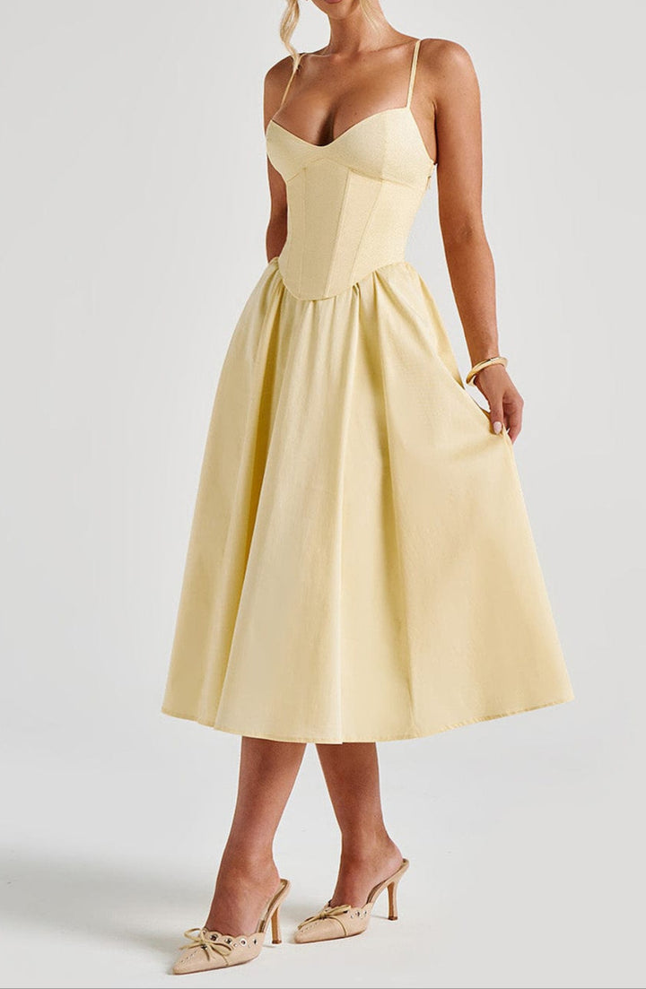 Yellow A-Line Midi Dress With Structured Corset Bodice Sweetheart Neckline And Side Pockets