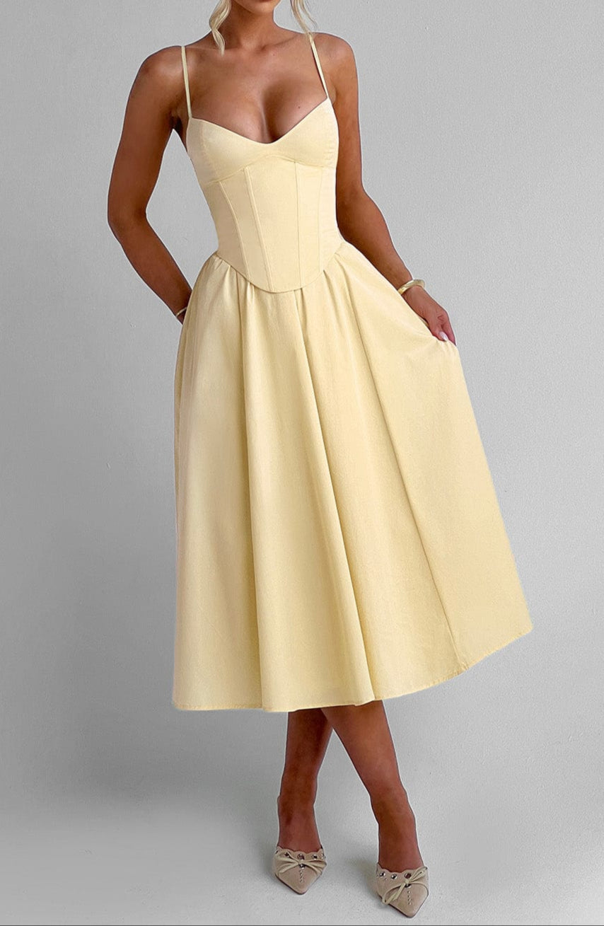 Yellow A-Line Midi Dress With Structured Corset Bodice Sweetheart Neckline And Side Pockets