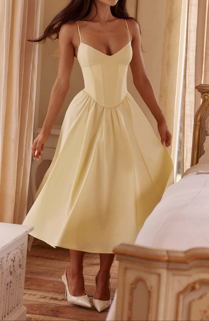 Yellow A-Line Midi Dress With Structured Corset Bodice Sweetheart Neckline And Side Pockets