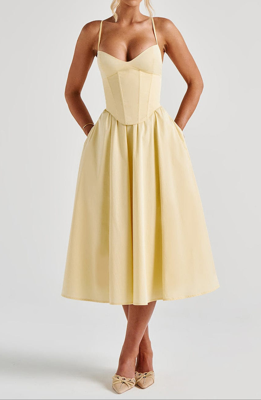 Yellow A-Line Midi Dress With Structured Corset Bodice Sweetheart Neckline And Side Pockets