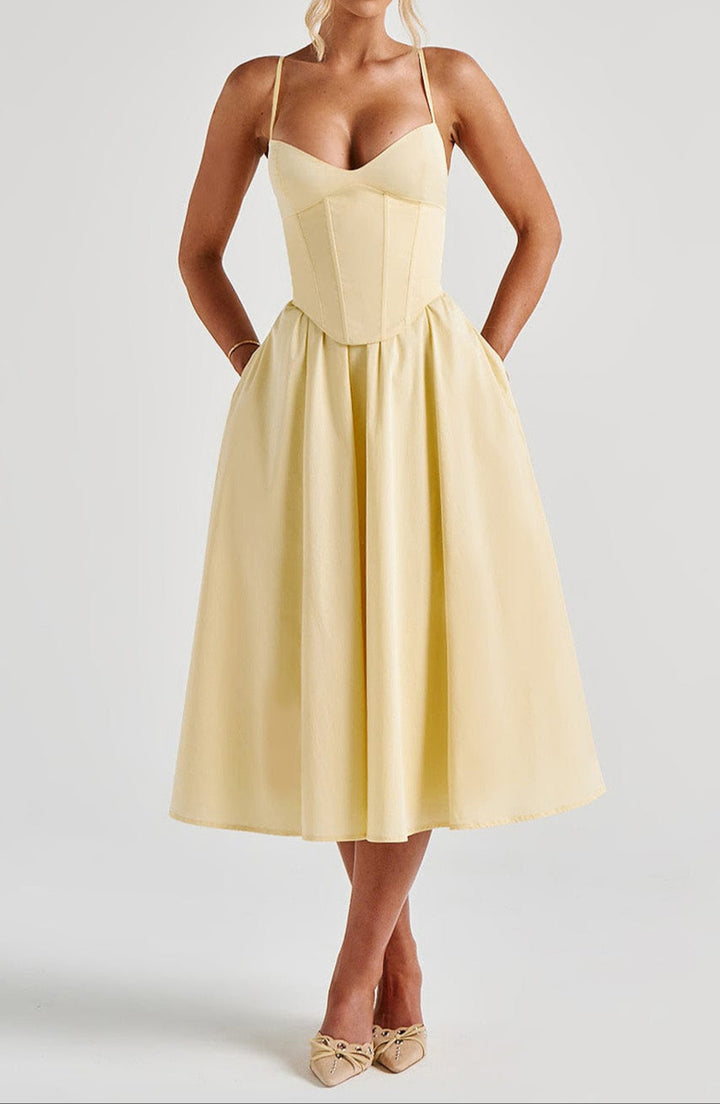 Yellow A-Line Midi Dress With Structured Corset Bodice Sweetheart Neckline And Side Pockets