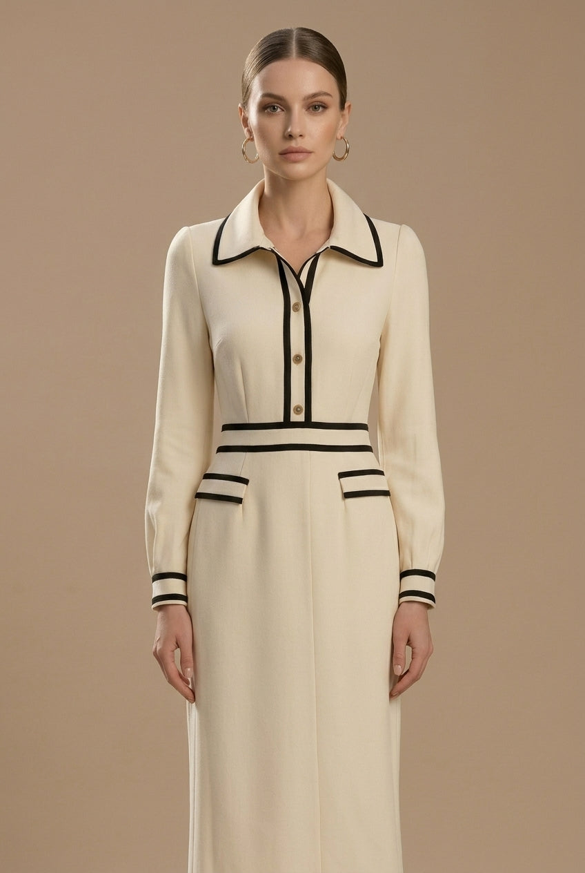 Women's Midi Dress With Collared V Neck And Contrast Trim Long Sleeve