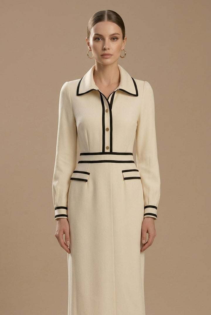 Women's Midi Dress With Collared V Neck And Contrast Trim Long Sleeve